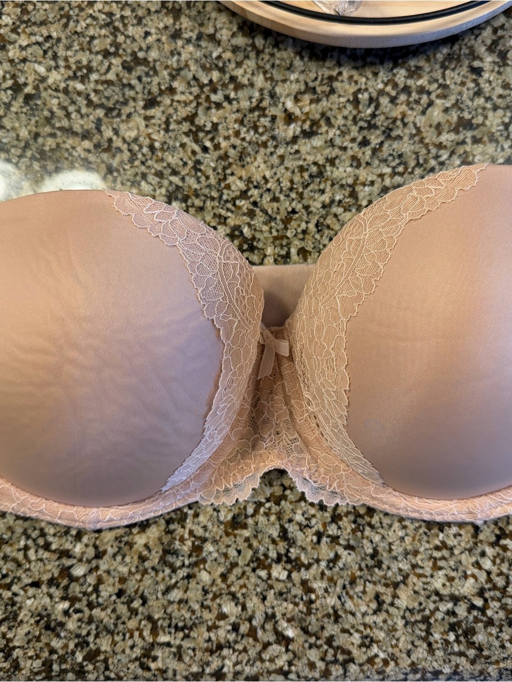 Victoria Secret Padded Lace Trim strapless Bra in nude. Size 34DD. Worn once